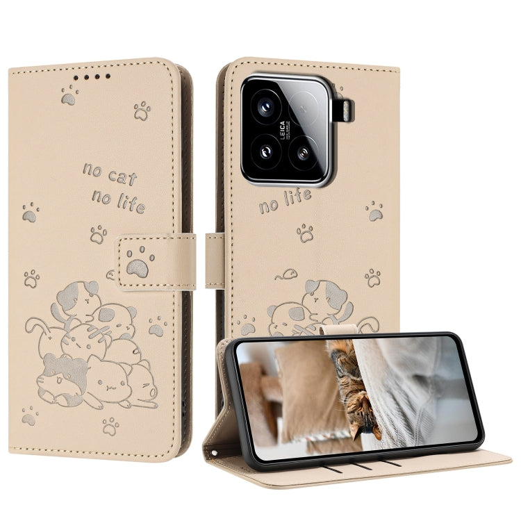 Embossed Kitten Phone Leather Case with Lanyard, For Xiaomi 15 Ultra, For Xiaomi 15 Pro, For Xiaomi 15, For Xiaomi 14T Pro 5G Global, For Xiaomi 14T Global, For Xiaomi Poco M6 4G, For Xiaomi Poco F6, For Xiaomi Poco F6 Pro 5G