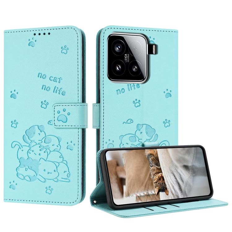 Embossed Kitten Phone Leather Case with Lanyard, For Xiaomi 15 Ultra, For Xiaomi 15 Pro, For Xiaomi 15, For Xiaomi 14T Pro 5G Global, For Xiaomi 14T Global, For Xiaomi Poco M6 4G, For Xiaomi Poco F6, For Xiaomi Poco F6 Pro 5G