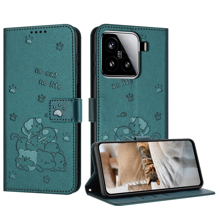 Embossed Kitten Phone Leather Case with Lanyard, For Xiaomi 15 Ultra, For Xiaomi 15 Pro, For Xiaomi 15, For Xiaomi 14T Pro 5G Global, For Xiaomi 14T Global, For Xiaomi Poco M6 4G, For Xiaomi Poco F6, For Xiaomi Poco F6 Pro 5G