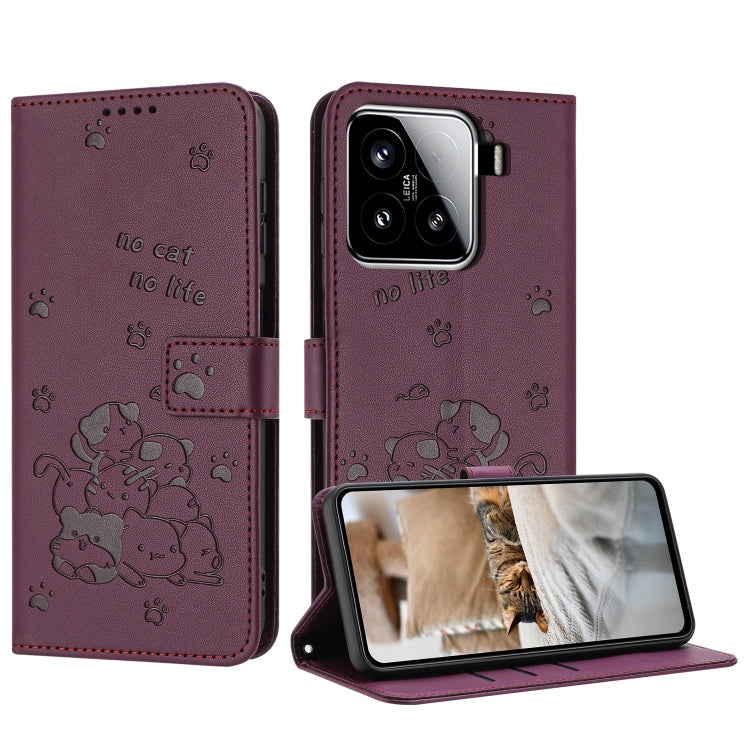 Embossed Kitten Phone Leather Case with Lanyard, For Xiaomi 15 Ultra, For Xiaomi 15 Pro, For Xiaomi 15, For Xiaomi 14T Pro 5G Global, For Xiaomi 14T Global, For Xiaomi Poco M6 4G, For Xiaomi Poco F6, For Xiaomi Poco F6 Pro 5G