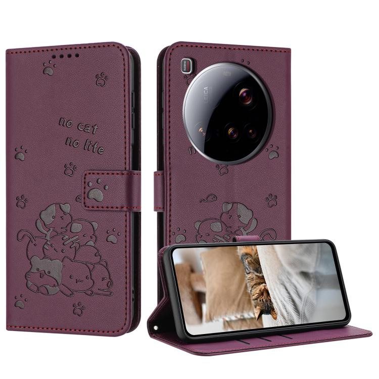 Embossed Kitten Phone Leather Case with Lanyard, For Xiaomi 15 Ultra, For Xiaomi 15 Pro, For Xiaomi 15, For Xiaomi 14T Pro 5G Global, For Xiaomi 14T Global, For Xiaomi Poco M6 4G, For Xiaomi Poco F6, For Xiaomi Poco F6 Pro 5G