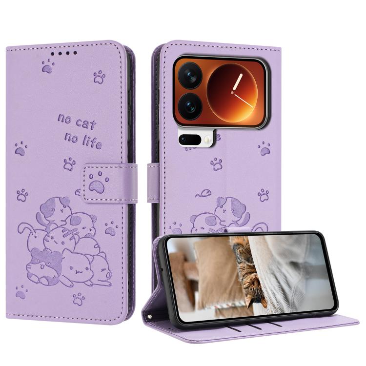 Embossed Kitten Phone Leather Case with Lanyard, For Xiaomi 17 Ultra, For Xiaomi 17 Pro Max, For Xiaomi 17 Pro, For Xiaomi 17, For Xiaomi Poco M7 4G 169mm, For Xiaomi 15T Pro 5G, For Xiaomi 15T 5G, For Xiaomi Poco F7 Pro / F7 Ultra