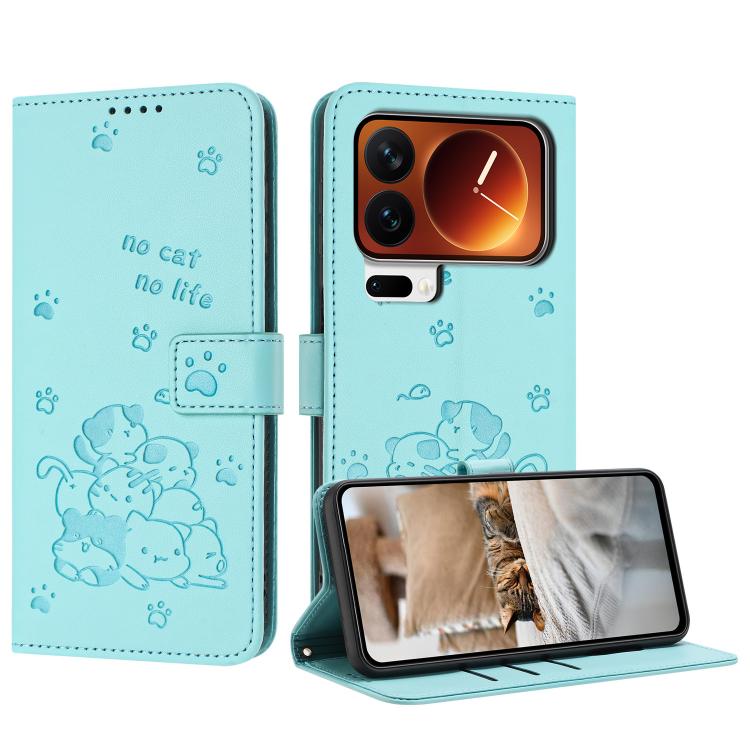 Embossed Kitten Phone Leather Case with Lanyard, For Xiaomi 17 Ultra, For Xiaomi 17 Pro Max, For Xiaomi 17 Pro, For Xiaomi 17, For Xiaomi Poco M7 4G 169mm, For Xiaomi 15T Pro 5G, For Xiaomi 15T 5G, For Xiaomi Poco F7 Pro / F7 Ultra