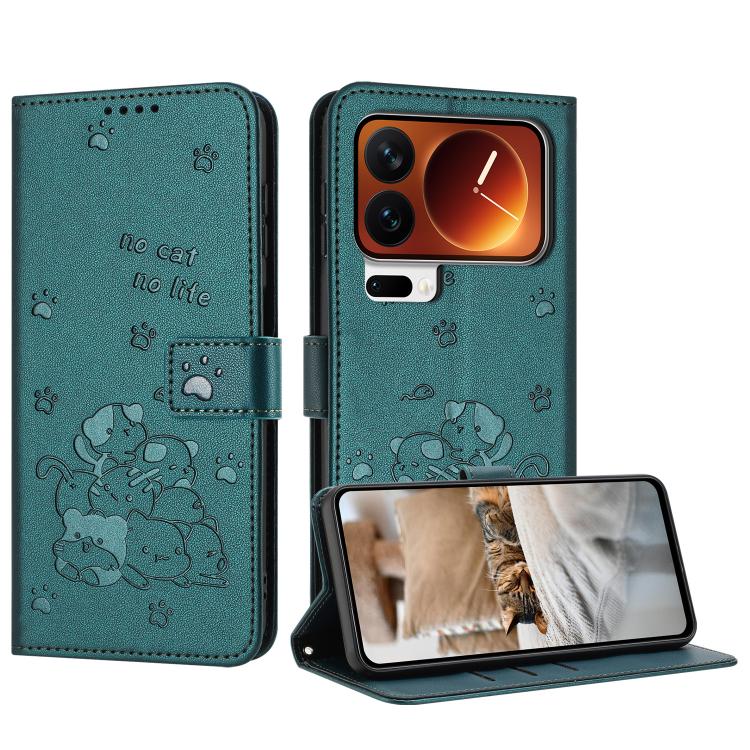 Embossed Kitten Phone Leather Case with Lanyard, For Xiaomi 17 Ultra, For Xiaomi 17 Pro Max, For Xiaomi 17 Pro, For Xiaomi 17, For Xiaomi Poco M7 4G 169mm, For Xiaomi 15T Pro 5G, For Xiaomi 15T 5G, For Xiaomi Poco F7 Pro / F7 Ultra