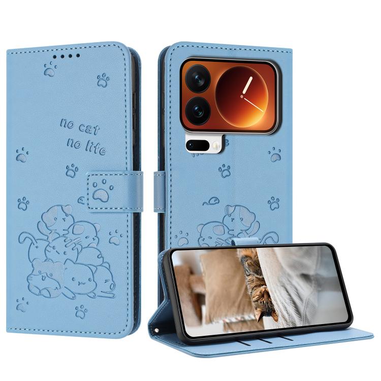 Embossed Kitten Phone Leather Case with Lanyard, For Xiaomi 17 Ultra, For Xiaomi 17 Pro Max, For Xiaomi 17 Pro, For Xiaomi 17, For Xiaomi Poco M7 4G 169mm, For Xiaomi 15T Pro 5G, For Xiaomi 15T 5G, For Xiaomi Poco F7 Pro / F7 Ultra