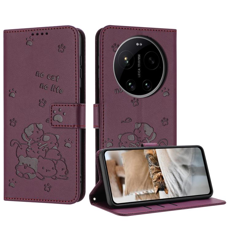 Embossed Kitten Phone Leather Case with Lanyard, For Xiaomi 17 Ultra, For Xiaomi 17 Pro Max, For Xiaomi 17 Pro, For Xiaomi 17, For Xiaomi Poco M7 4G 169mm, For Xiaomi 15T Pro 5G, For Xiaomi 15T 5G, For Xiaomi Poco F7 Pro / F7 Ultra