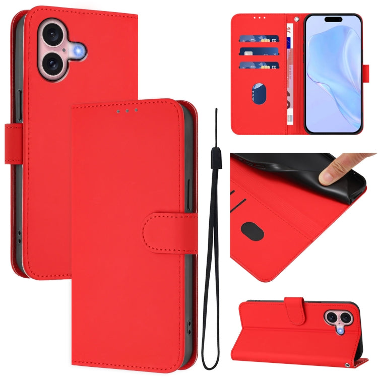 Skin Feel Solid Color Leather Phone Case with Lanyard, For iPhone 16, For iPhone 15 Pro Max