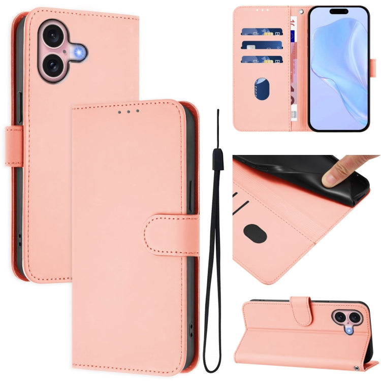 Skin Feel Solid Color Leather Phone Case with Lanyard, For iPhone 16, For iPhone 15 Pro Max