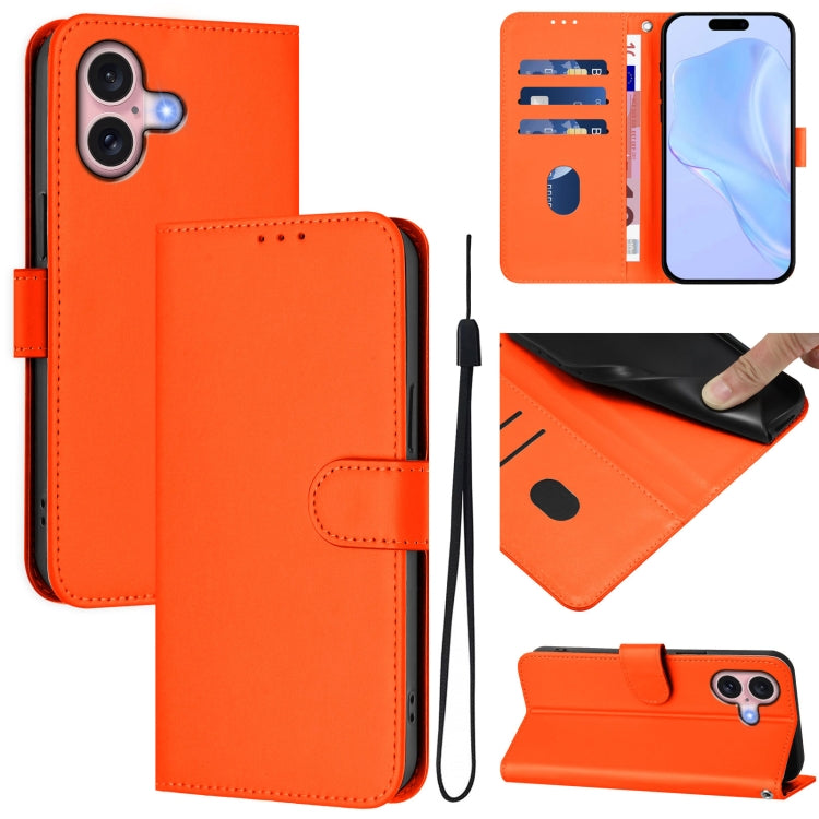 Skin Feel Solid Color Leather Phone Case with Lanyard, For iPhone 16, For iPhone 15 Pro Max