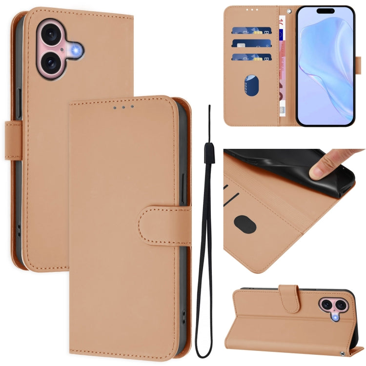 Skin Feel Solid Color Leather Phone Case with Lanyard, For iPhone 16, For iPhone 15 Pro Max