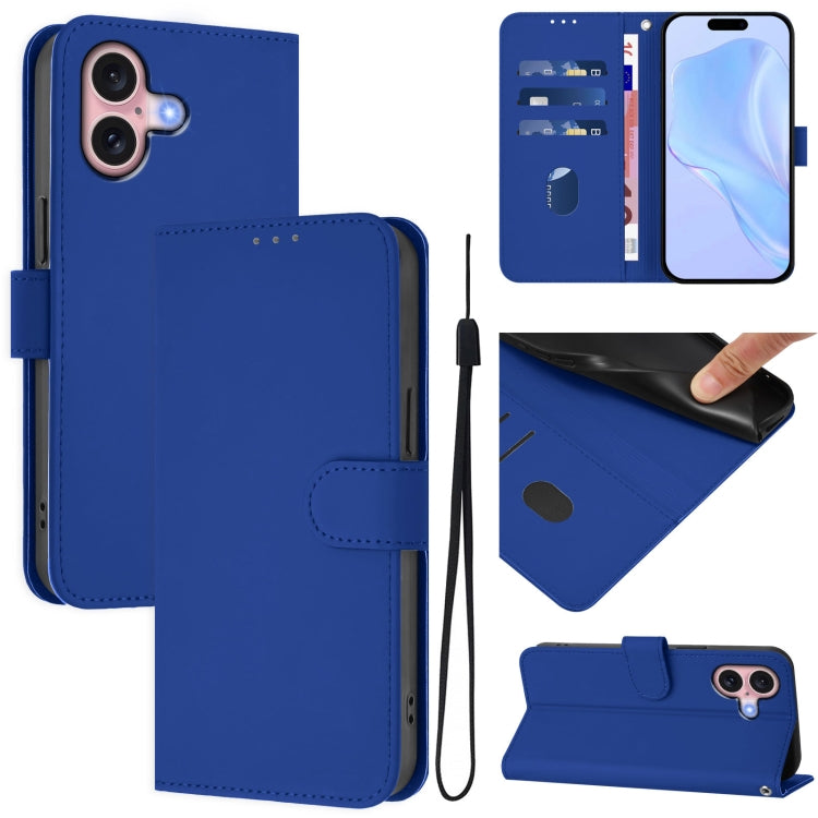 Skin Feel Solid Color Leather Phone Case with Lanyard, For iPhone 16, For iPhone 15 Pro Max