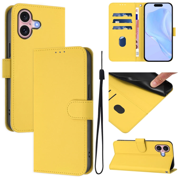 Skin Feel Solid Color Leather Phone Case with Lanyard, For iPhone 16, For iPhone 15 Pro Max