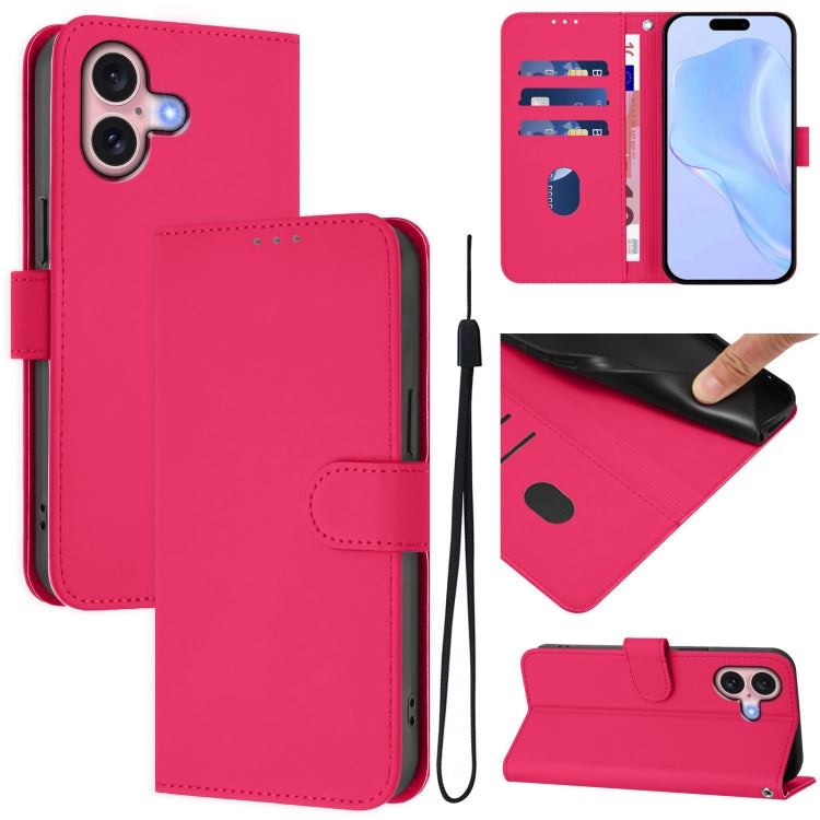 Skin Feel Solid Color Leather Phone Case with Lanyard, For iPhone 16, For iPhone 15 Pro Max