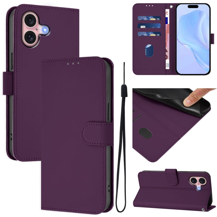 Skin Feel Solid Color Leather Phone Case with Lanyard, For iPhone 16, For iPhone 15 Pro Max