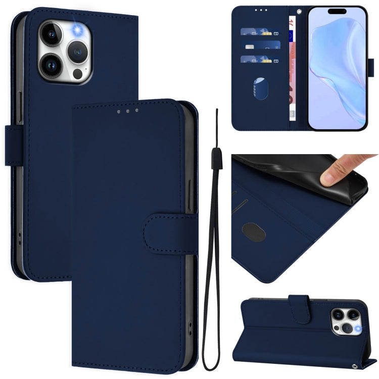 Skin Feel Solid Color Leather Phone Case with Lanyard, For iPhone 16, For iPhone 15 Pro Max