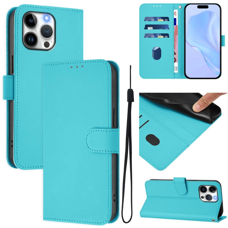 Skin Feel Solid Color Leather Phone Case with Lanyard, For iPhone 16, For iPhone 15 Pro Max
