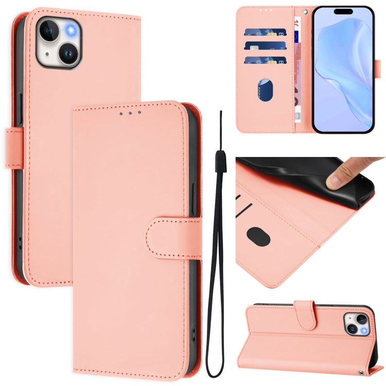 Skin Feel Solid Color Leather Phone Case with Lanyard, For iPhone 15 Pro, For iPhone 15 Plus
