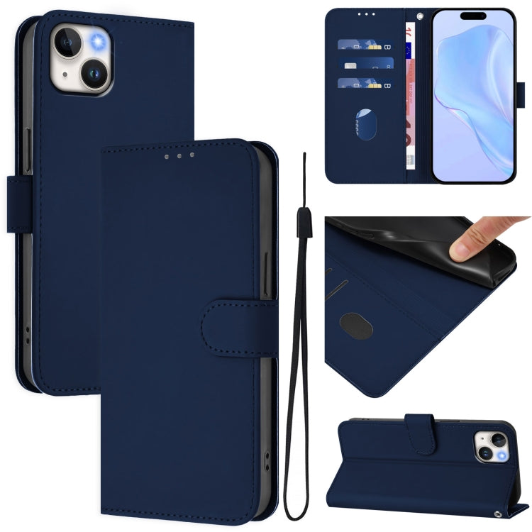 Skin Feel Solid Color Leather Phone Case with Lanyard, For iPhone 15 Pro, For iPhone 15 Plus