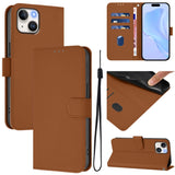 Skin Feel Solid Color Leather Phone Case with Lanyard, For iPhone 15, For iPhone 14 Plus