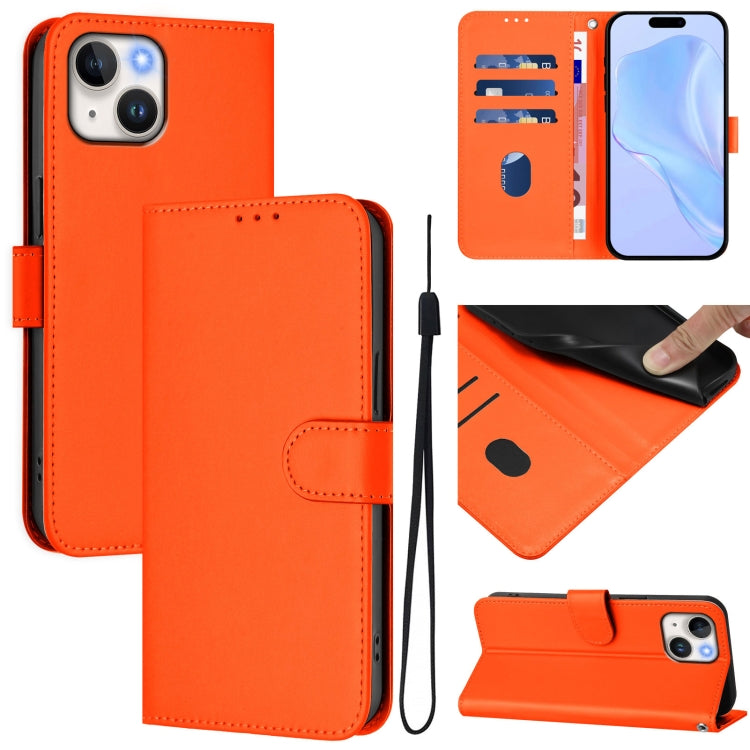 Skin Feel Solid Color Leather Phone Case with Lanyard, For iPhone 15, For iPhone 14 Plus