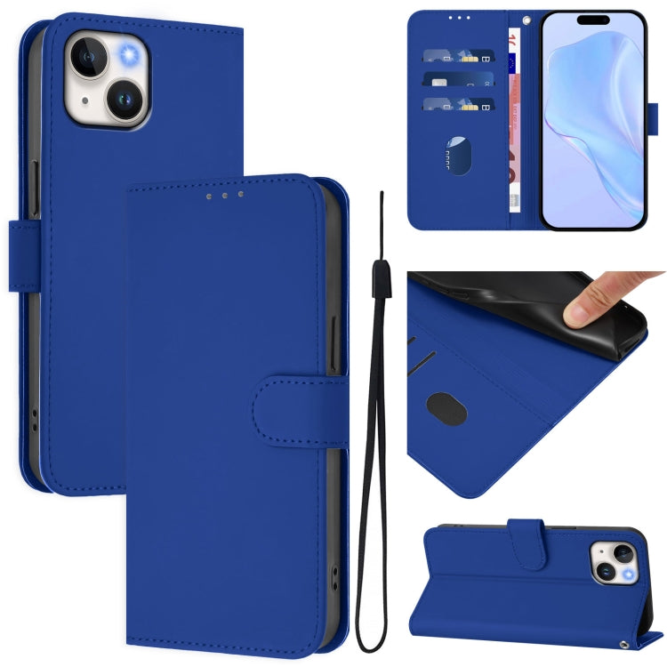 Skin Feel Solid Color Leather Phone Case with Lanyard, For iPhone 15, For iPhone 14 Plus