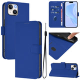 Skin Feel Solid Color Leather Phone Case with Lanyard, For iPhone 15, For iPhone 14 Plus