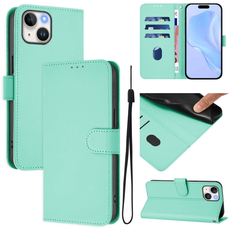 Skin Feel Solid Color Leather Phone Case with Lanyard, For iPhone 15, For iPhone 14 Plus