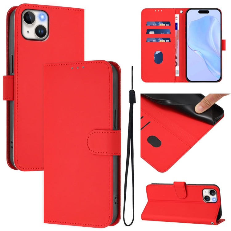 Skin Feel Solid Color Leather Phone Case with Lanyard, For iPhone 15, For iPhone 14 Plus