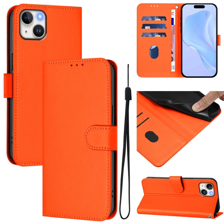 Skin Feel Solid Color Leather Phone Case with Lanyard, For iPhone 15, For iPhone 14 Plus