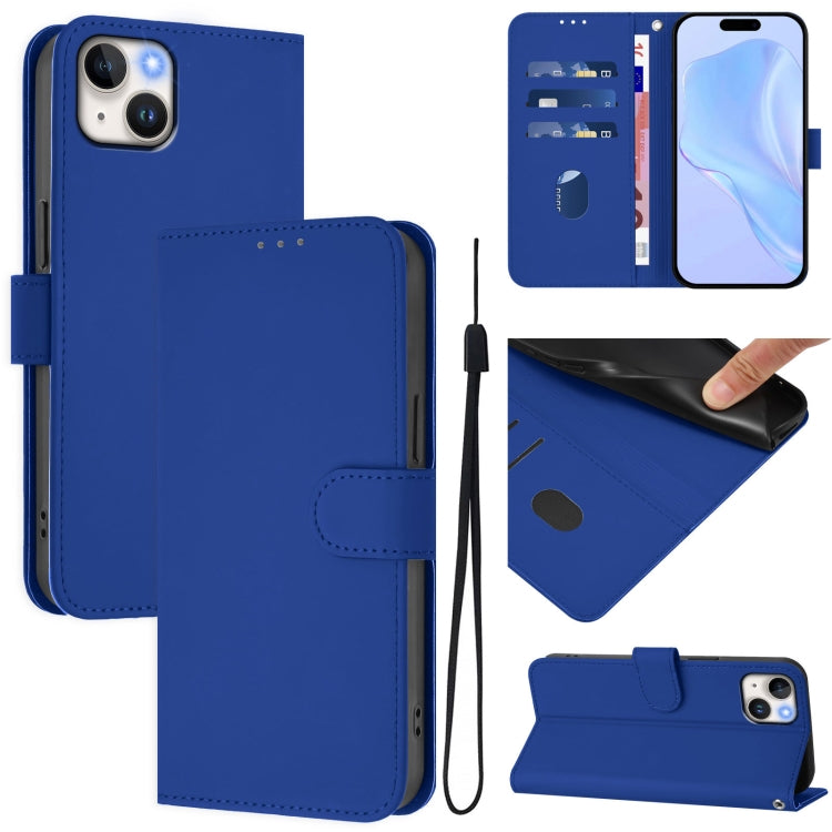 Skin Feel Solid Color Leather Phone Case with Lanyard, For iPhone 15, For iPhone 14 Plus