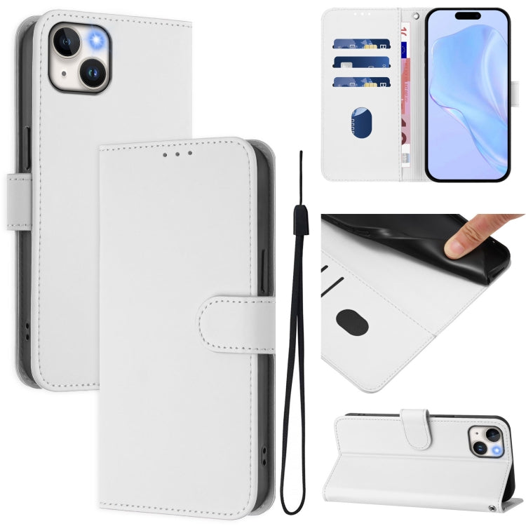 Skin Feel Solid Color Leather Phone Case with Lanyard, For iPhone 15, For iPhone 14 Plus