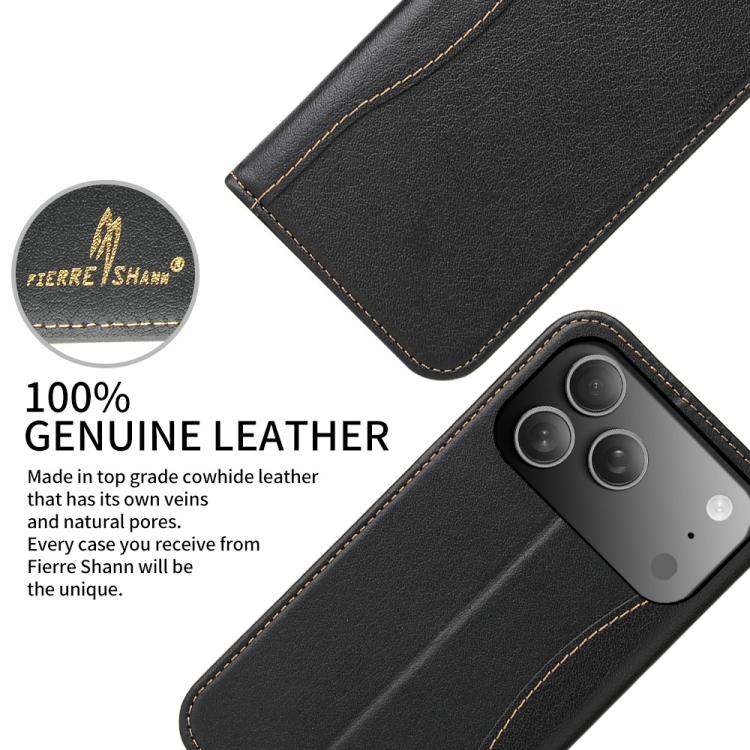 Fierre Shann Cowhide Leather Flip Leather Phone Case, For iPhone 17 Pro Max, For iPhone 17 Pro, For iPhone 17, For iPhone Air, For iPhone 16 Pro Max, For iPhone 16 Pro, For iPhone 16 Plus, For iPhone 16