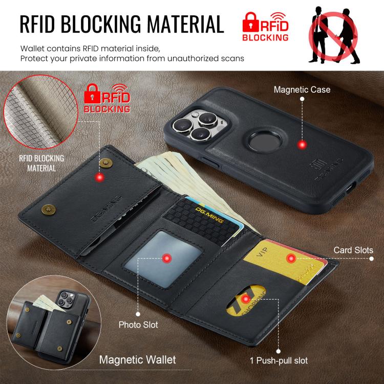 DG.MING M6 Series RFID Tri-fold Card Bag Removable Leather Phone Case, For iPhone 13 Pro, For iPhone 13, For iPhone 12, For iPhone 12 Pro Max, For iPhone 12 Pro, For iPhone 11 Pro Max, For iPhone 11, For iPhone 11 Pro