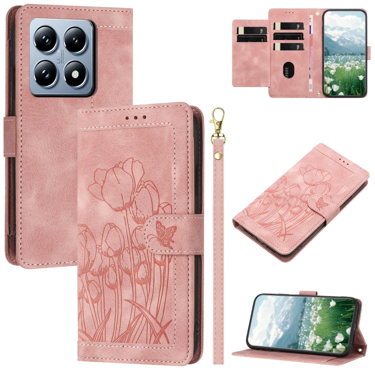 Tulips Embossed Leather Phone Case with Lanyard, For Xiaomi 15, For Xiaomi 14T Pro, For Xiaomi 14T