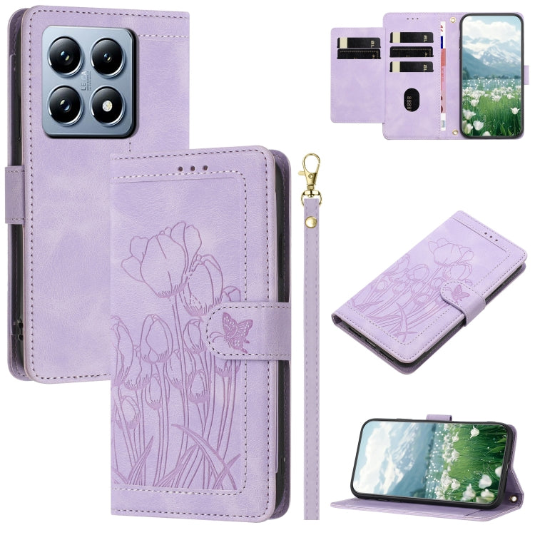 Tulips Embossed Leather Phone Case with Lanyard, For Xiaomi 15, For Xiaomi 14T Pro, For Xiaomi 14T