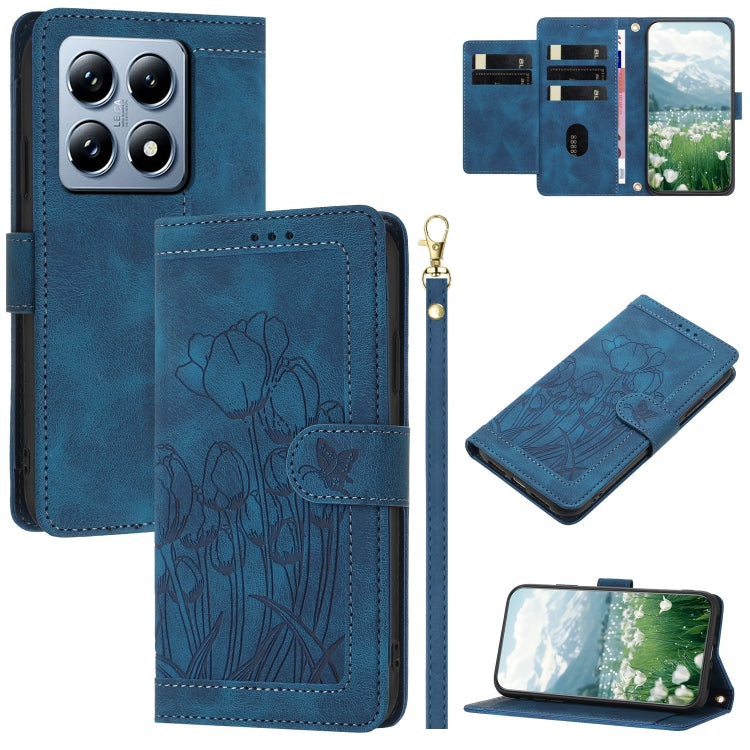 Tulips Embossed Leather Phone Case with Lanyard, For Xiaomi 15, For Xiaomi 14T Pro, For Xiaomi 14T