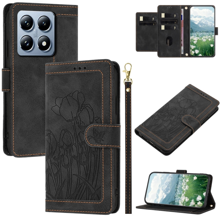 Tulips Embossed Leather Phone Case with Lanyard, For Xiaomi 15, For Xiaomi 14T Pro, For Xiaomi 14T