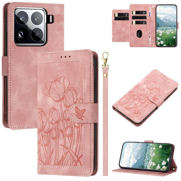 Tulips Embossed Leather Phone Case with Lanyard, For Xiaomi 17T 5G, For Xiaomi 17 Ultra, For Xiaomi 17 Pro Max, For Xiaomi 17 Pro, For Xiaomi 17, For Xiaomi 15T Pro, For Xiaomi 15T, For Xiaomi 15 Pro