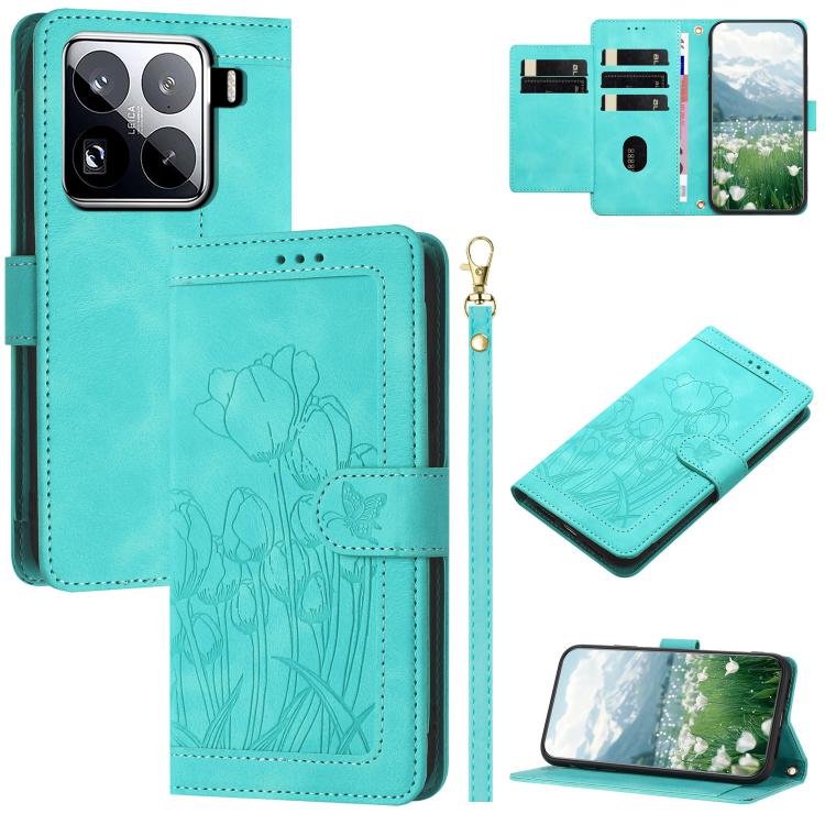 Tulips Embossed Leather Phone Case with Lanyard, For Xiaomi 17T 5G, For Xiaomi 17 Ultra, For Xiaomi 17 Pro Max, For Xiaomi 17 Pro, For Xiaomi 17, For Xiaomi 15T Pro, For Xiaomi 15T, For Xiaomi 15 Pro