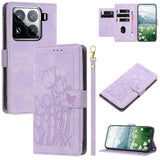 Tulips Embossed Leather Phone Case with Lanyard, For Xiaomi 17T 5G, For Xiaomi 17 Ultra, For Xiaomi 17 Pro Max, For Xiaomi 17 Pro, For Xiaomi 17, For Xiaomi 15T Pro, For Xiaomi 15T, For Xiaomi 15 Pro
