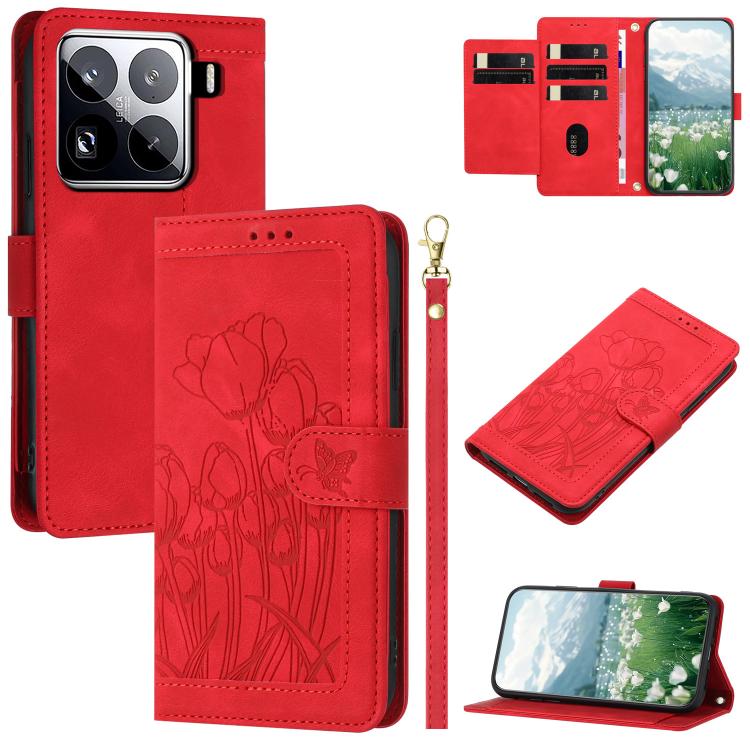 Tulips Embossed Leather Phone Case with Lanyard, For Xiaomi 17T 5G, For Xiaomi 17 Ultra, For Xiaomi 17 Pro Max, For Xiaomi 17 Pro, For Xiaomi 17, For Xiaomi 15T Pro, For Xiaomi 15T, For Xiaomi 15 Pro