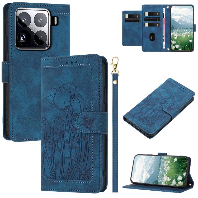 Tulips Embossed Leather Phone Case with Lanyard, For Xiaomi 17T 5G, For Xiaomi 17 Ultra, For Xiaomi 17 Pro Max, For Xiaomi 17 Pro, For Xiaomi 17, For Xiaomi 15T Pro, For Xiaomi 15T, For Xiaomi 15 Pro