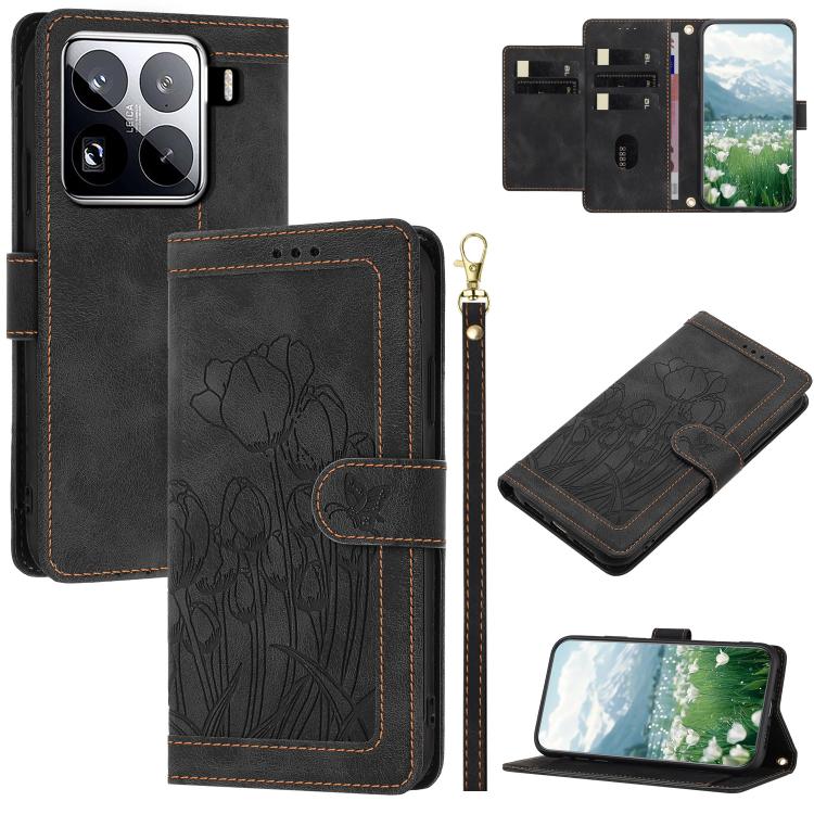 Tulips Embossed Leather Phone Case with Lanyard, For Xiaomi 17T 5G, For Xiaomi 17 Ultra, For Xiaomi 17 Pro Max, For Xiaomi 17 Pro, For Xiaomi 17, For Xiaomi 15T Pro, For Xiaomi 15T, For Xiaomi 15 Pro