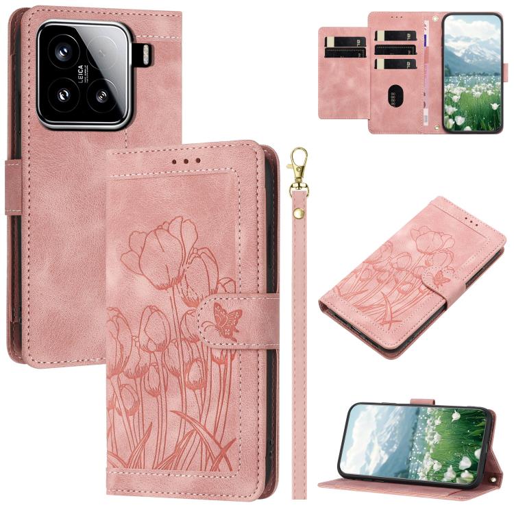 Tulips Embossed Leather Phone Case with Lanyard, For Xiaomi 15, For Xiaomi 14T Pro, For Xiaomi 14T