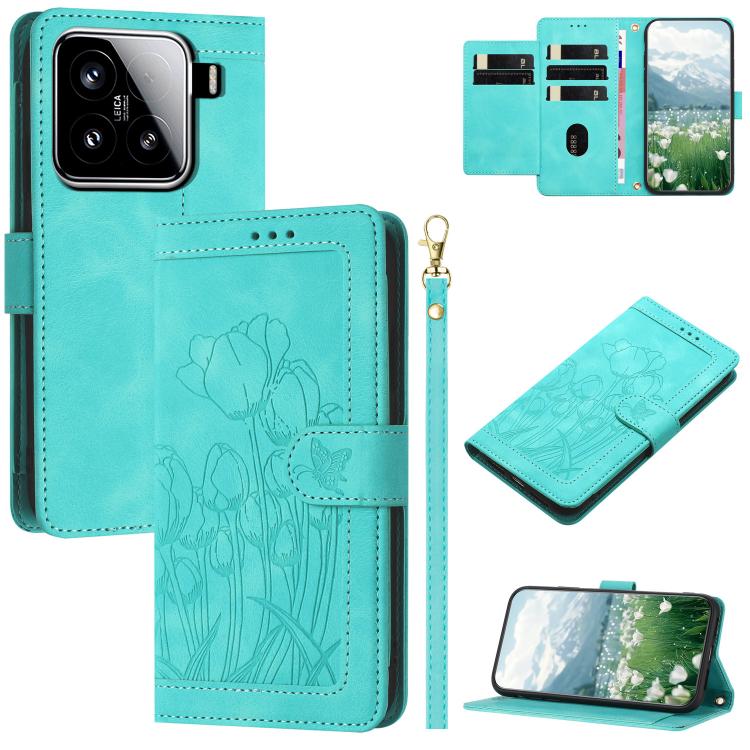 Tulips Embossed Leather Phone Case with Lanyard, For Xiaomi 15, For Xiaomi 14T Pro, For Xiaomi 14T