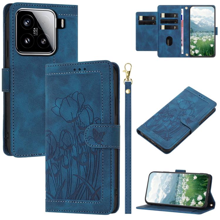Tulips Embossed Leather Phone Case with Lanyard, For Xiaomi 15, For Xiaomi 14T Pro, For Xiaomi 14T