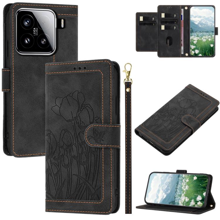 Tulips Embossed Leather Phone Case with Lanyard, For Xiaomi 15, For Xiaomi 14T Pro, For Xiaomi 14T