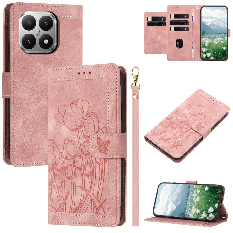 Tulips Embossed Leather Phone Case with Lanyard, For Xiaomi 17T 5G, For Xiaomi 17 Ultra, For Xiaomi 17 Pro Max, For Xiaomi 17 Pro, For Xiaomi 17, For Xiaomi 15T Pro, For Xiaomi 15T, For Xiaomi 15 Pro