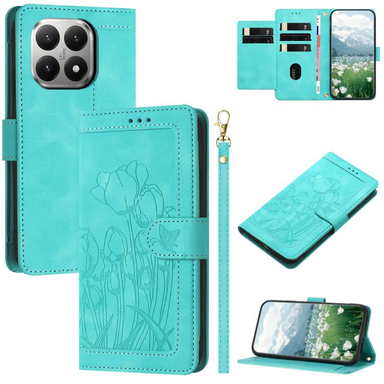 Tulips Embossed Leather Phone Case with Lanyard, For Xiaomi 17T 5G, For Xiaomi 17 Ultra, For Xiaomi 17 Pro Max, For Xiaomi 17 Pro, For Xiaomi 17, For Xiaomi 15T Pro, For Xiaomi 15T, For Xiaomi 15 Pro