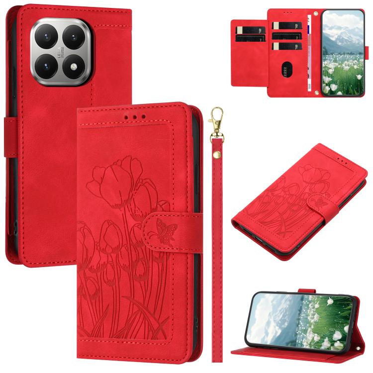 Tulips Embossed Leather Phone Case with Lanyard, For Xiaomi 17T 5G, For Xiaomi 17 Ultra, For Xiaomi 17 Pro Max, For Xiaomi 17 Pro, For Xiaomi 17, For Xiaomi 15T Pro, For Xiaomi 15T, For Xiaomi 15 Pro
